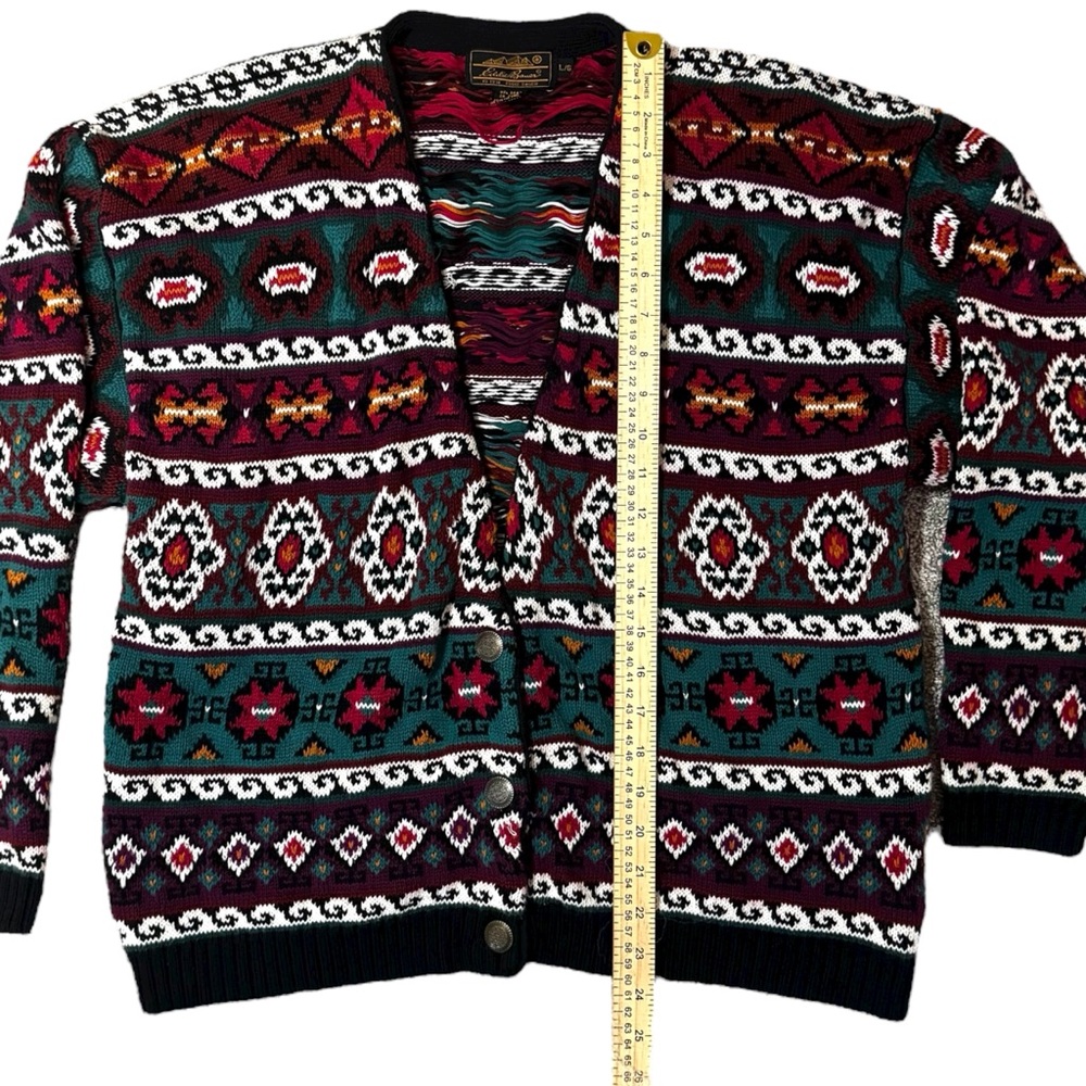 Vintage Eddie Bauer Women's Multicolor Tribal Knit Cardigan 100% Cotton Size L - Picture 9 of 11